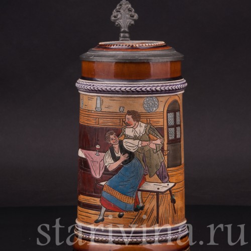 Уцененная пивная кружка Флиртующая пара, 1/2 л, J. W. Remy, Германия, 1890 - 1905 гг.