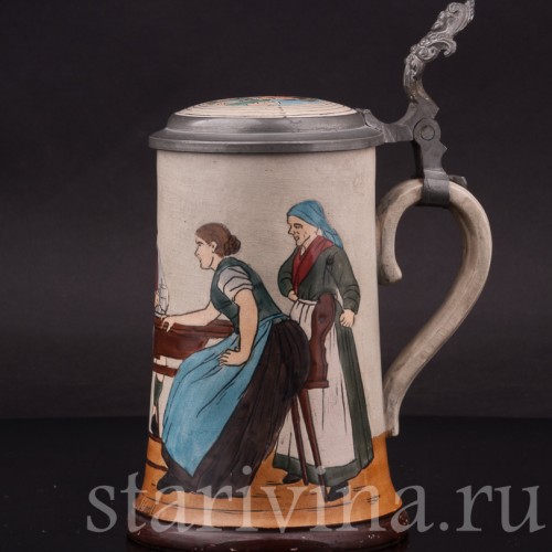 Старинная пивная кружка Весёлая песня, 1/2 л, J. W. Remy, Германия, нач. 20 в.