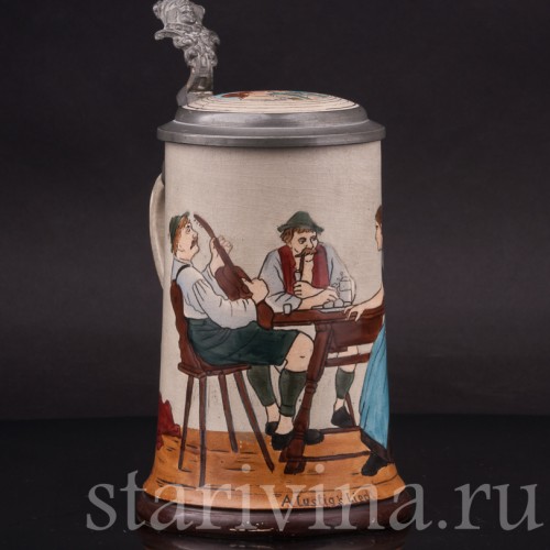 Старинная пивная кружка Весёлая песня, 1/2 л, J. W. Remy, Германия, нач. 20 в.