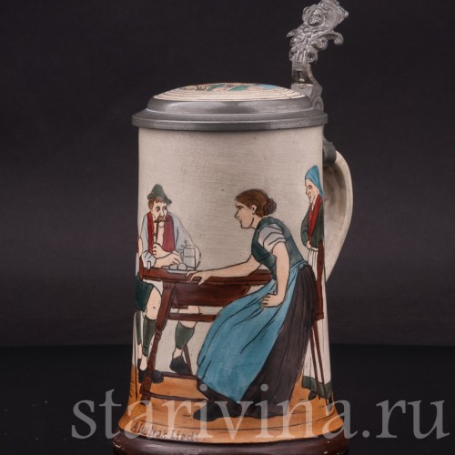 Старинная пивная кружка Весёлая песня, 1/2 л, J. W. Remy, Германия, нач. 20 в.