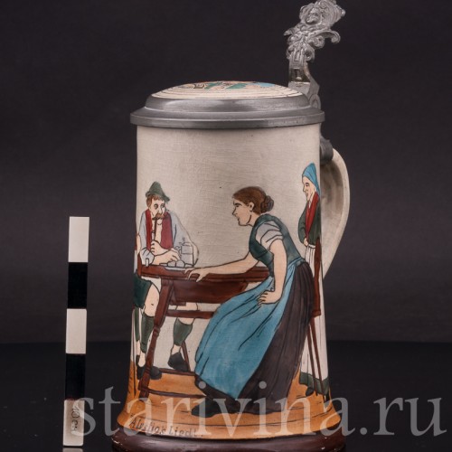 Старинная пивная кружка Весёлая песня, 1/2 л, J. W. Remy, Германия, нач. 20 в.