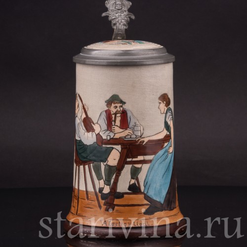 Старинная пивная кружка Весёлая песня, 1/2 л, J. W. Remy, Германия, нач. 20 в.