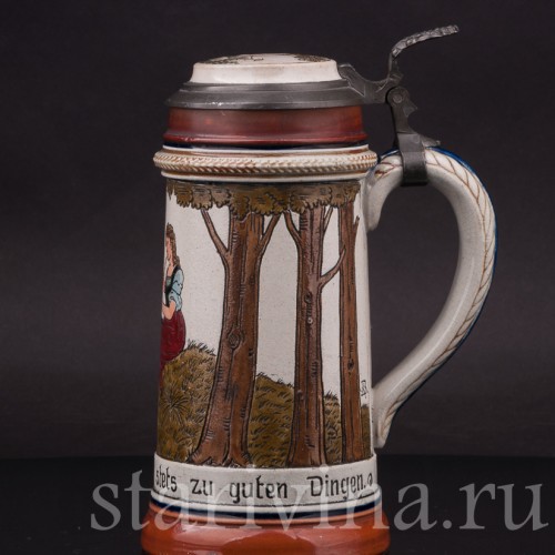 Старинная пивная кружка Влюбленные пастушки, 1/2 л, J. W. Remy, Германия, кон. 19 - нач. 20 вв.