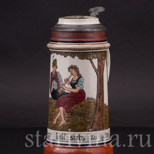 Старинная пивная кружка Влюбленные пастушки, 1/2 л, J. W. Remy, Германия, кон. 19 - нач. 20 вв.