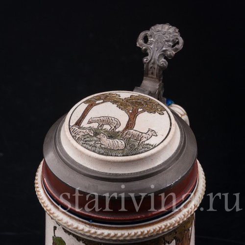 Старинная пивная кружка Влюбленные пастушки, 1/2 л, J. W. Remy, Германия, кон. 19 - нач. 20 вв.