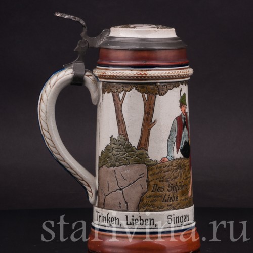 Старинная пивная кружка Влюбленные пастушки, 1/2 л, J. W. Remy, Германия, кон. 19 - нач. 20 вв.