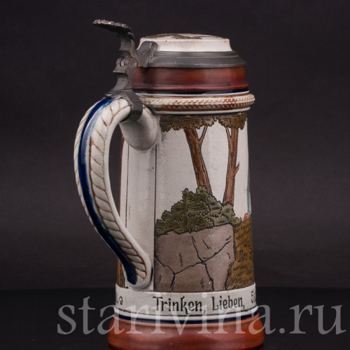 Старинная пивная кружка Влюбленные пастушки, 1/2 л, J. W. Remy, Германия, кон. 19 - нач. 20 вв.