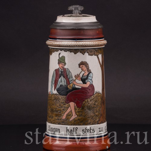 Старинная пивная кружка Влюбленные пастушки, 1/2 л, J. W. Remy, Германия, кон. 19 - нач. 20 вв.
