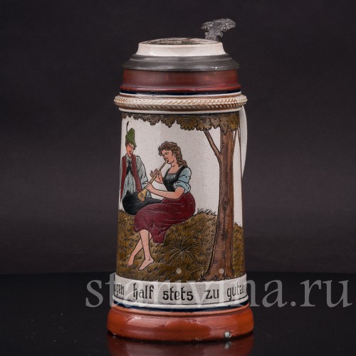 Старинная пивная кружка Влюбленные пастушки, 1/2 л, J. W. Remy, Германия, кон. 19 - нач. 20 вв.