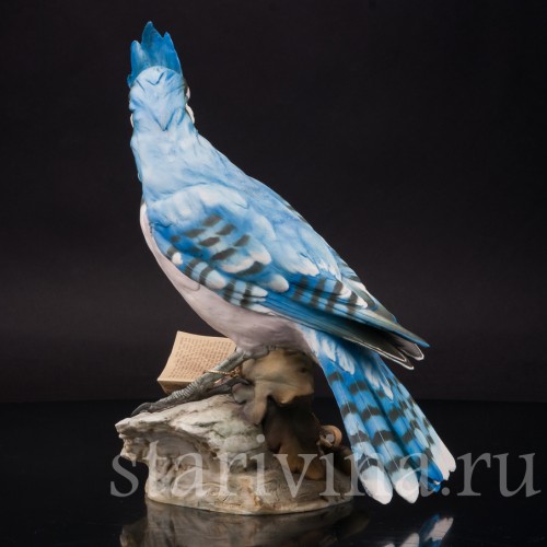 Бисквитная статуэтка птицы Голубая сойка с жёлудем, Tay, Италия, сер. 20 века.