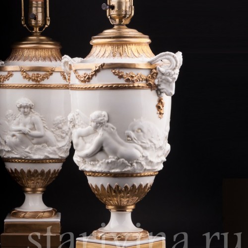 Парные фарфоровые лампы Морские нимфы, Дрезден, Германия, нач. 20 в.