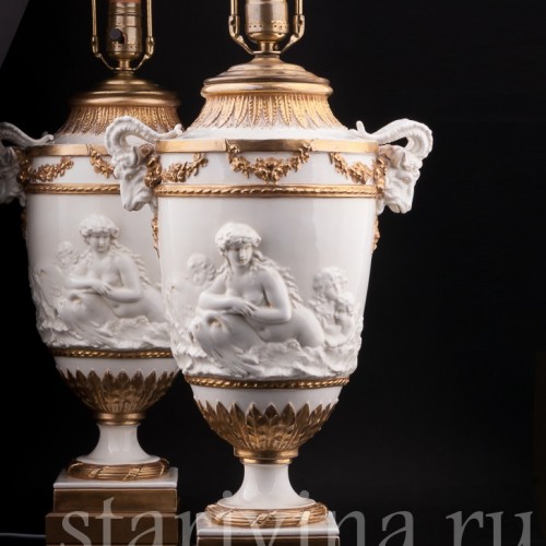 Парные фарфоровые лампы Морские нимфы, Дрезден, Германия, нач. 20 в.