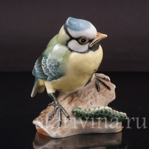 Фигурка птицы из фарфора Птенец лазоревки с гусеницей, Hutschenreuther, Германия, 1970 гг.
