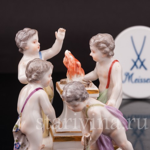 Фарфоровая фигурка Аллегория зимы, путти у огня, миниатюра, Meissen, Германия, сер. 19 - нач. 20 вв.