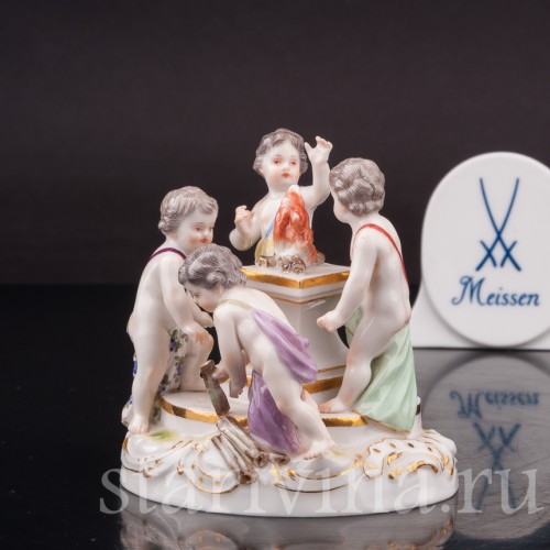 Фарфоровая фигурка Аллегория зимы, путти у огня, миниатюра, Meissen, Германия, сер. 19 - нач. 20 вв.
