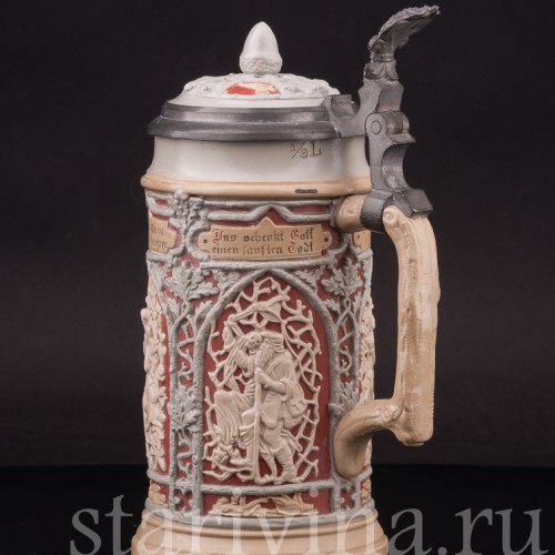 Старинная пивная кружка Охотники, 1/2 л, Villeroy & Boch, Германия, 1913 г.