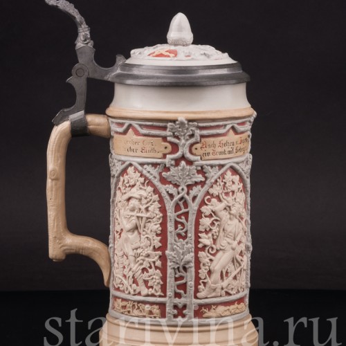 Старинная пивная кружка Охотники, 1/2 л, Villeroy & Boch, Германия, 1913 г.