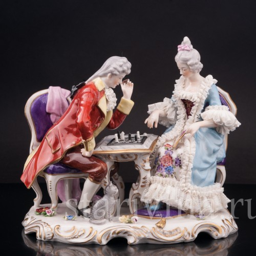 Фарфоровая композиция Шахматная партия, кружевная, Дрезден, Германия, сер. 20 века.