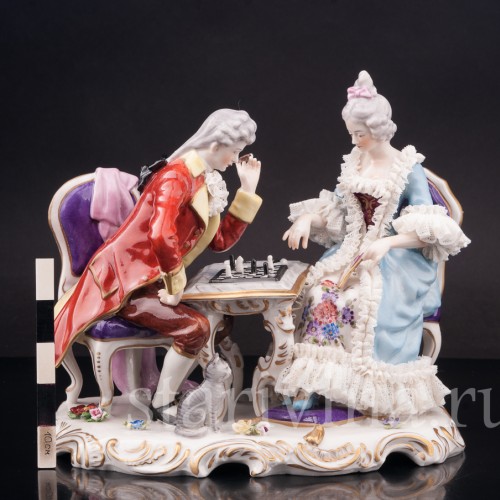 Фарфоровая композиция Шахматная партия, кружевная, Дрезден, Германия, сер. 20 века.