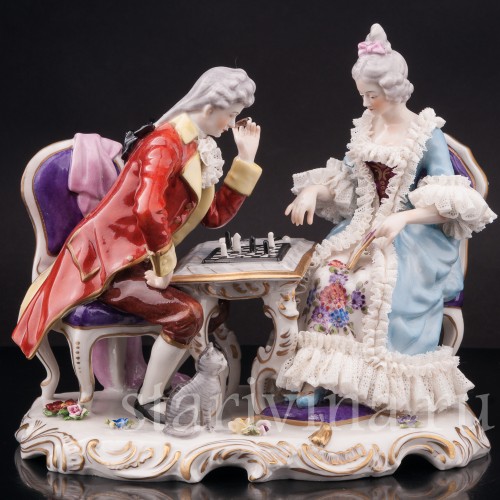 Фарфоровая композиция Шахматная партия, кружевная, Дрезден, Германия, сер. 20 века.