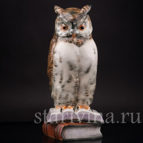 Фаянсовая статуэтка птицы Сова на книгах, Herzinger & Co, Volkstedt, Германия, 1920-30 гг.