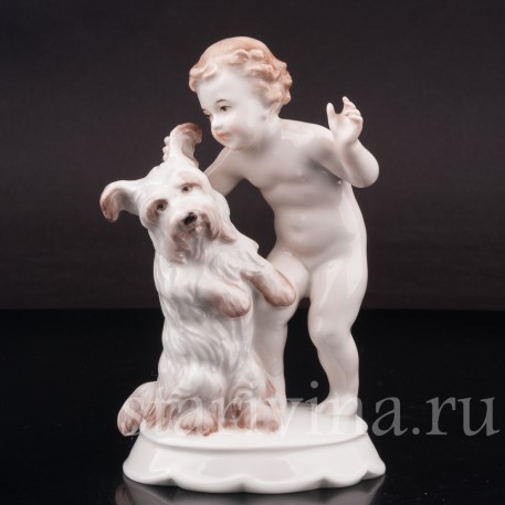 Фигурка из фарфора "По секрету", малыш с собакой, Rosenthal, Германия, 1935 год.