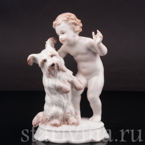 Фигурка из фарфора "По секрету", малыш с собакой, Rosenthal, Германия, 1935 год.