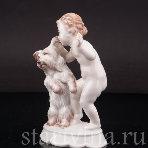 Фигурка из фарфора "По секрету", малыш с собакой, Rosenthal, Германия, 1935 год.