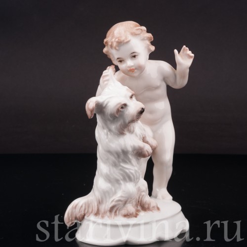 Фигурка из фарфора "По секрету", малыш с собакой, Rosenthal, Германия, 1935 год.