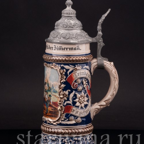 Старинная пивная кружка Да здравствует ремесло плотника, 1/2 л, Marzi & Remy, Германия, кон. 19 - нач. 20 вв.