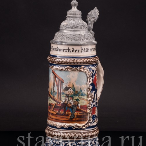 Старинная пивная кружка Да здравствует ремесло плотника, 1/2 л, Marzi & Remy, Германия, кон. 19 - нач. 20 вв.