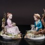 Парные фарфоровые статуэтки Девочка с букетом, мальчик с птицей, парная, кружевная, Capodimonte, Италия, сер. 20 в.