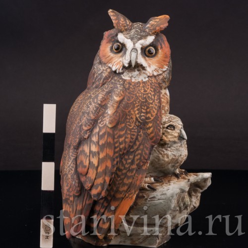 Бисквитная статуэтка птиц Сова с совёнком, Tay, Италия, вт. пол. 20 в.