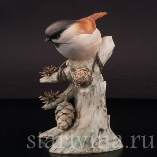 Фигурка птицы из фарфора Синица на еловой ветке, Tay, Италия, вт. пол. 20 в.