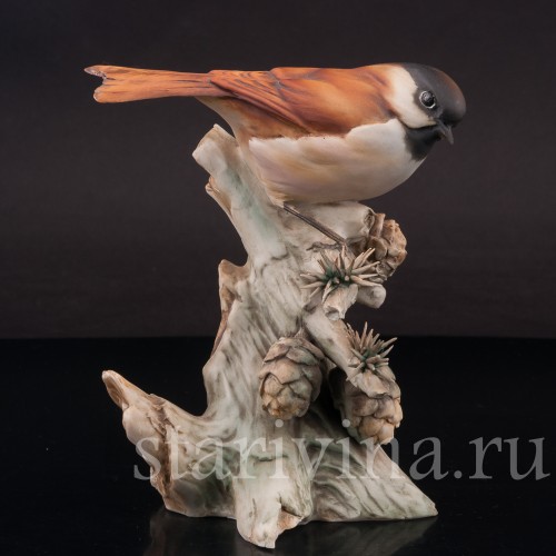 Фигурка птицы из фарфора Синица на еловой ветке, Tay, Италия, вт. пол. 20 в.