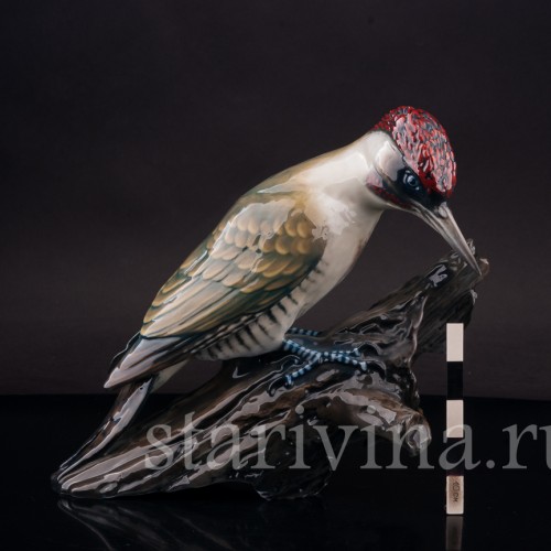 Фигурка птицы из фарфора Зелёный дятел на пне Rosenthal, Германия, 1970 гг.