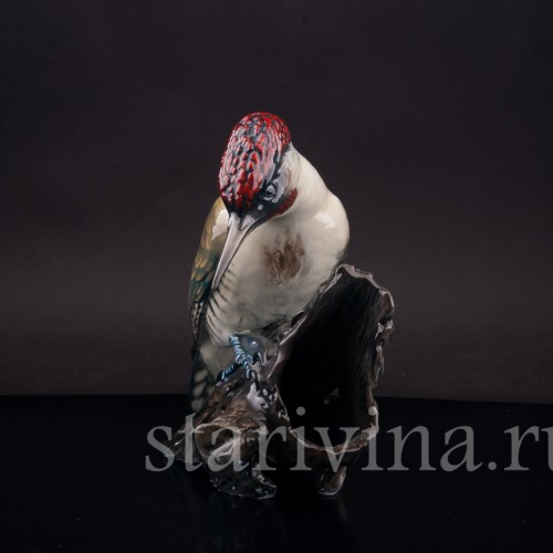 Фигурка птицы из фарфора Зелёный дятел на пне Rosenthal, Германия, 1970 гг.