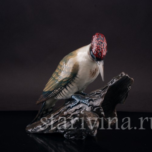 Фигурка птицы из фарфора Зелёный дятел на пне Rosenthal, Германия, 1970 гг.