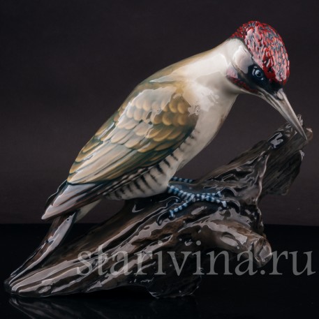 Фигурка птицы из фарфора Зелёный дятел на пне Rosenthal, Германия, 1970 гг.