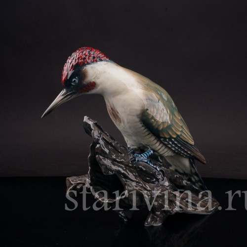 Фигурка птицы из фарфора Зелёный дятел на пне Rosenthal, Германия, 1970 гг.