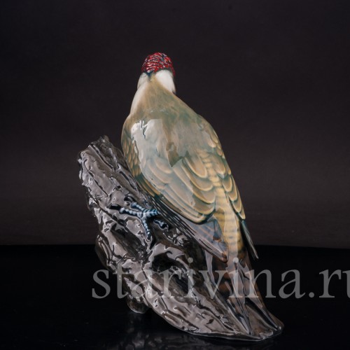 Фигурка птицы из фарфора Зелёный дятел на пне Rosenthal, Германия, 1970 гг.