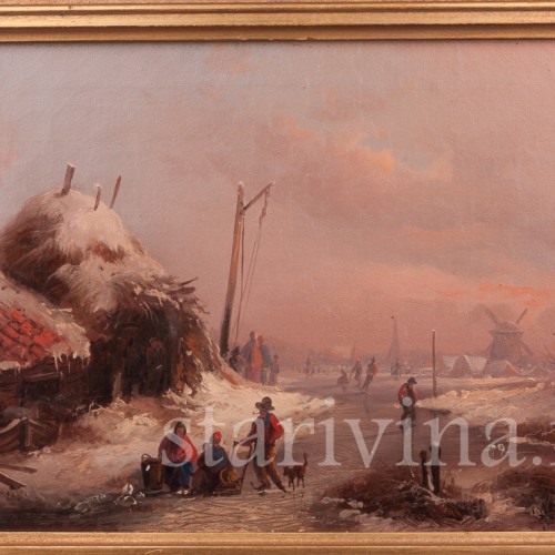 Картина маслом на холсте Зимний вечер на канале, Германия, кон. 19 в.