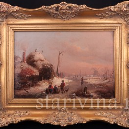 Картина маслом на холсте Зимний вечер на канале, Германия, кон. 19 в.
