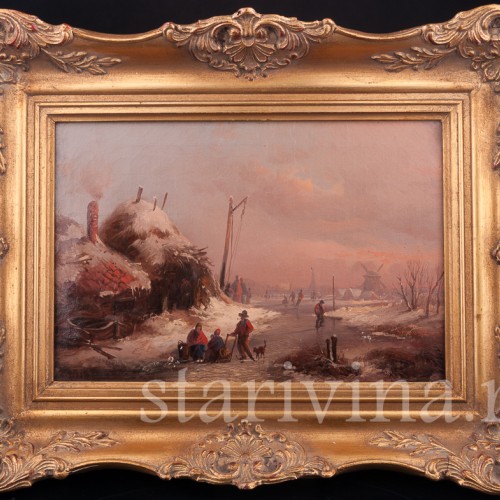 Картина маслом на холсте Зимний вечер на канале, Германия, кон. 19 в.