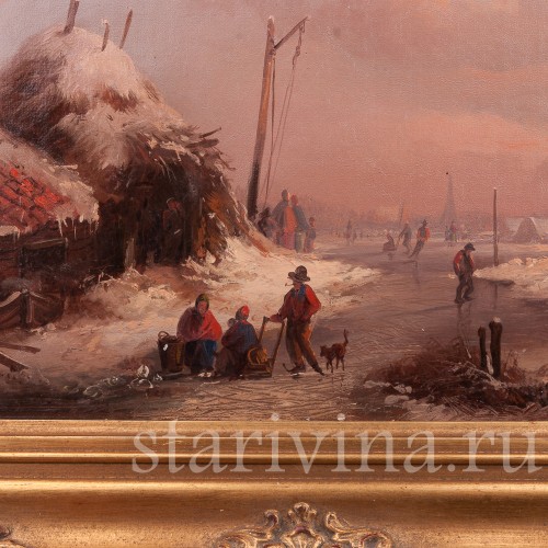 Картина маслом на холсте Зимний вечер на канале, Германия, кон. 19 в.