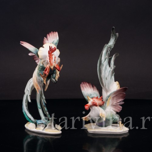 Парные фарфоровые статуэтки Петушиный бой, Hutschenreuther, Германия, 1950-60 гг.