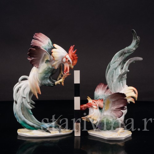 Парные фарфоровые статуэтки Петушиный бой, Hutschenreuther, Германия, 1950-60 гг.