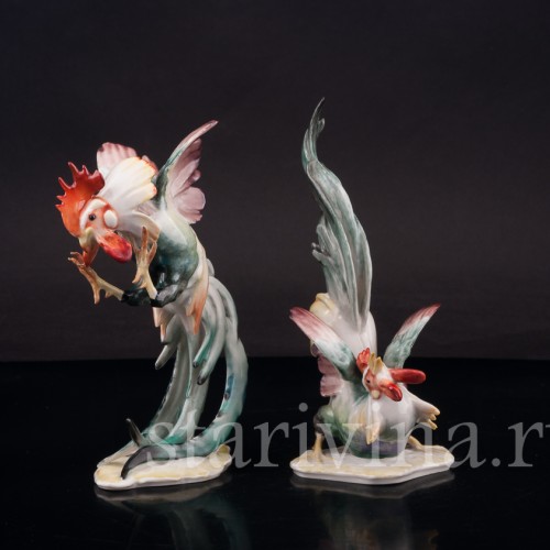 Парные фарфоровые статуэтки Петушиный бой, Hutschenreuther, Германия, 1950-60 гг.