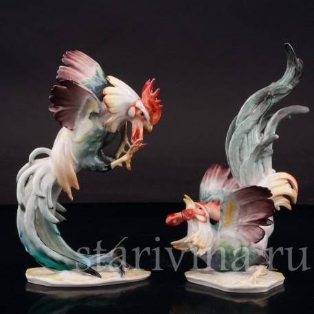 Парные фарфоровые статуэтки Петушиный бой, Hutschenreuther, Германия, 1950-60 гг.