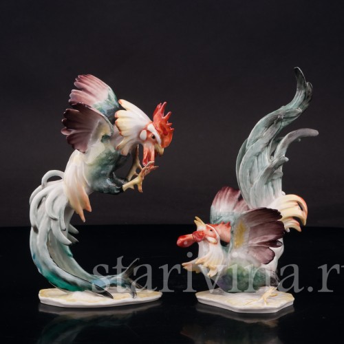 Парные фарфоровые статуэтки Петушиный бой, Hutschenreuther, Германия, 1950-60 гг.
